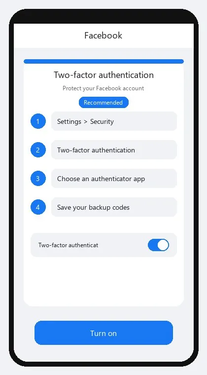Facebook interface: enable two-factor authentication
