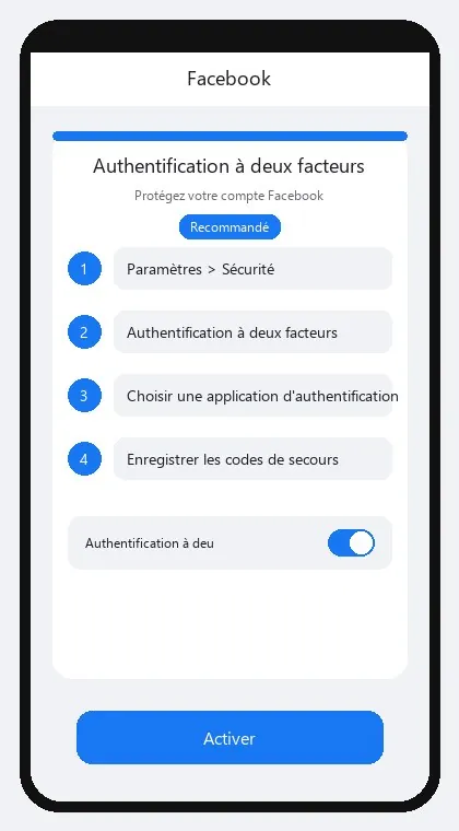 Interface Facebook : activer l'authentification à deux facteurs