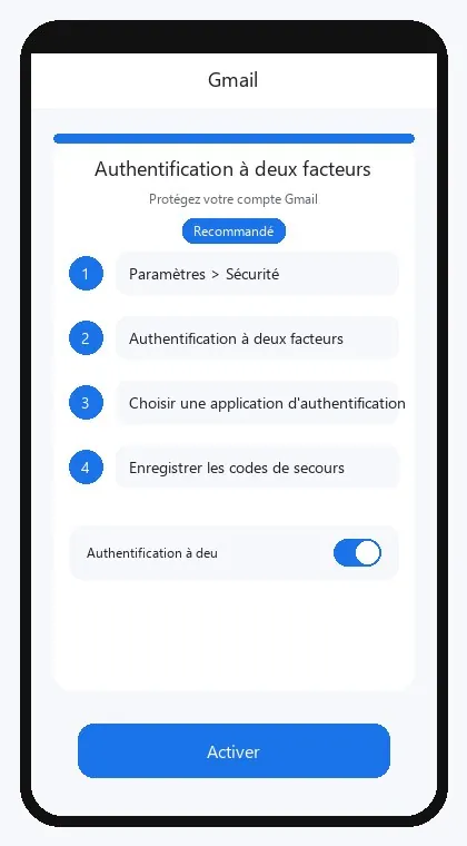 Interface Gmail : activer l'authentification à deux facteurs