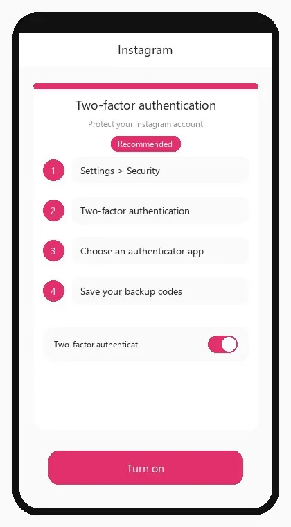 Instagram interface: enable two-factor authentication