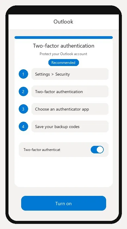 Outlook interface: enable two-factor authentication