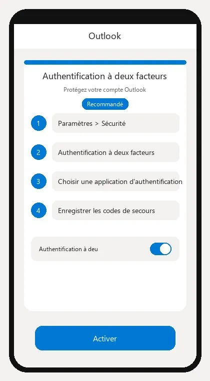 Interface Outlook : activer l'authentification à deux facteurs