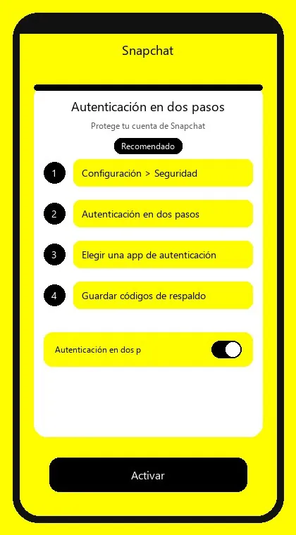 Snapchat interface: enable two-factor authentication