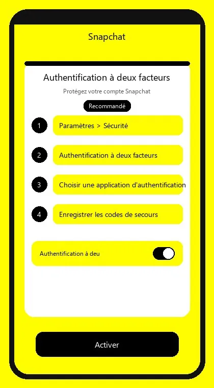 Interface Snapchat : activer l'authentification à deux facteurs
