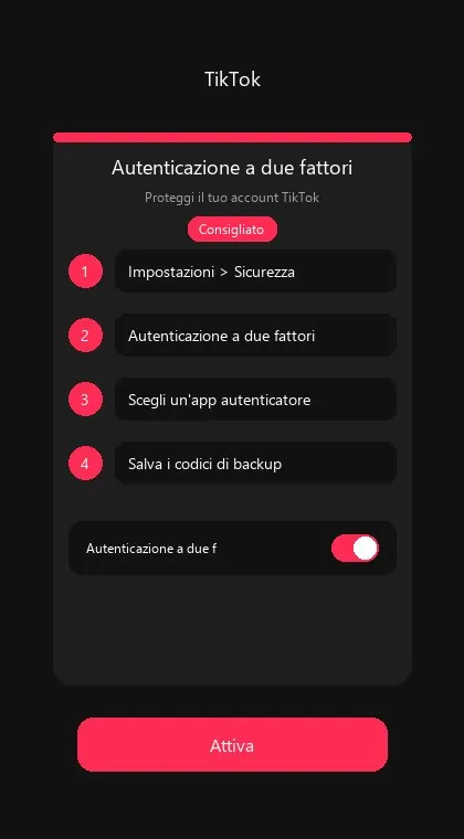TikTok interface: enable two-factor authentication