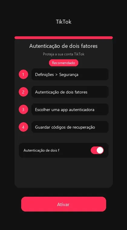 TikTok interface: enable two-factor authentication