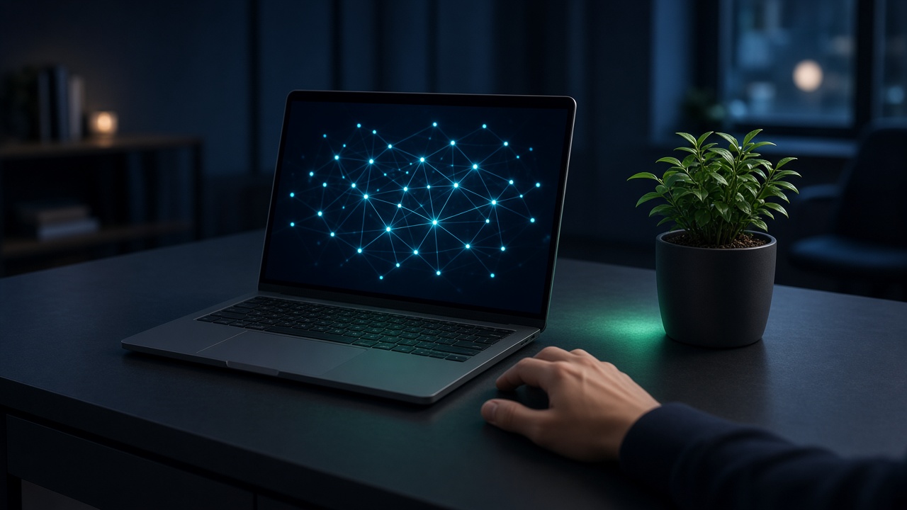 Laptop on a quiet desk, its screen showing a network of light, with a green plant beside it