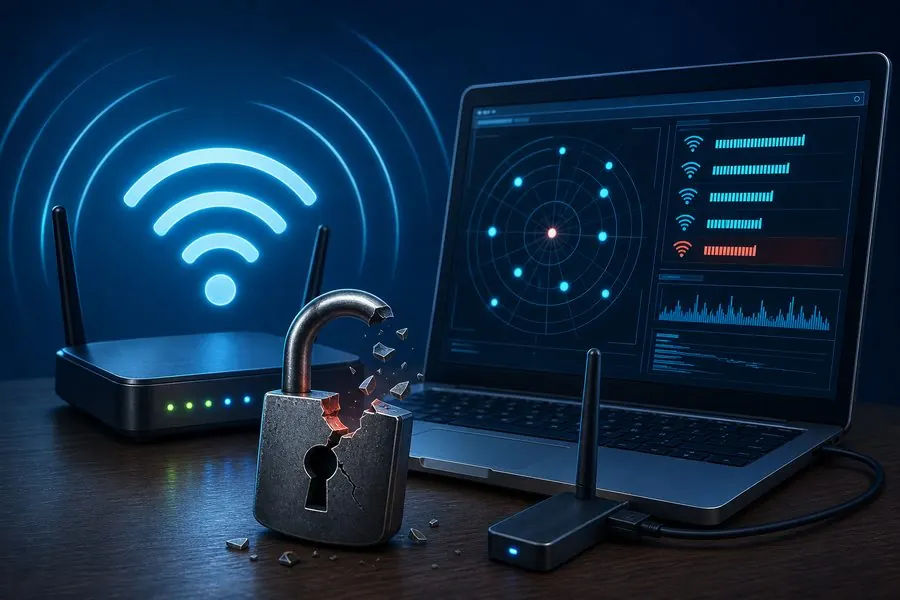 WiFi हैकिंग और वायरलेस नेटवर्क हमलों का चित्रण